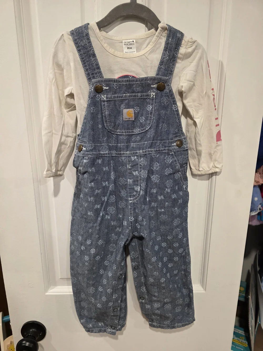 Carhartt Girls' Denim Floral-Print Overalls in Light Blue